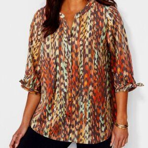 Catherines Brown Southwest Print Buttonfront Georgette Blouse- NWT-5X